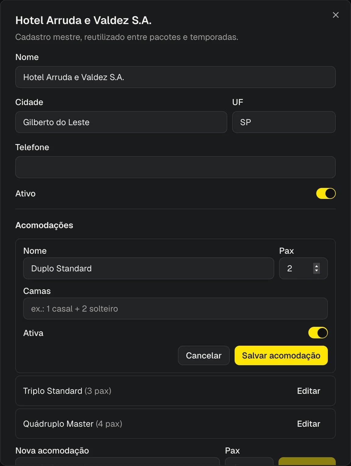 Edição de uma acomodação dentro do hotel
