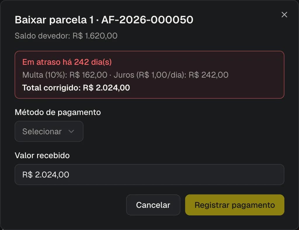 Diálogo de baixa de uma parcela em atraso