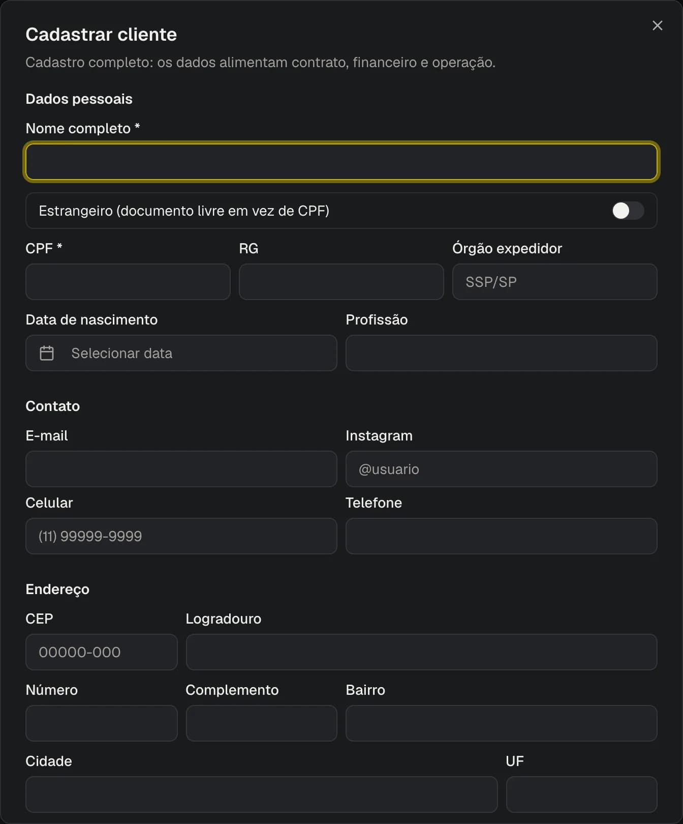 Formulário de cadastro de cliente