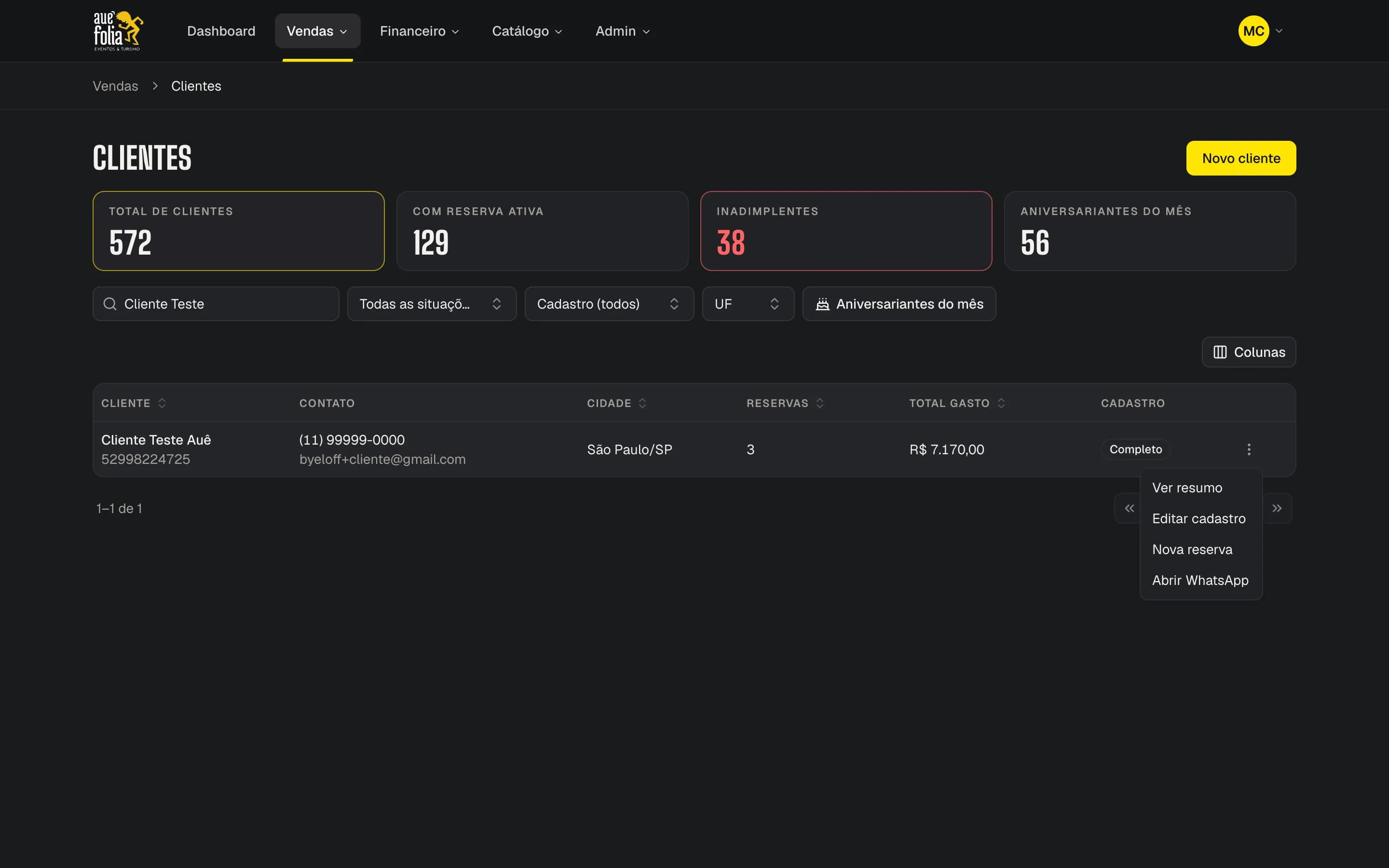 Menu de ações de um cliente