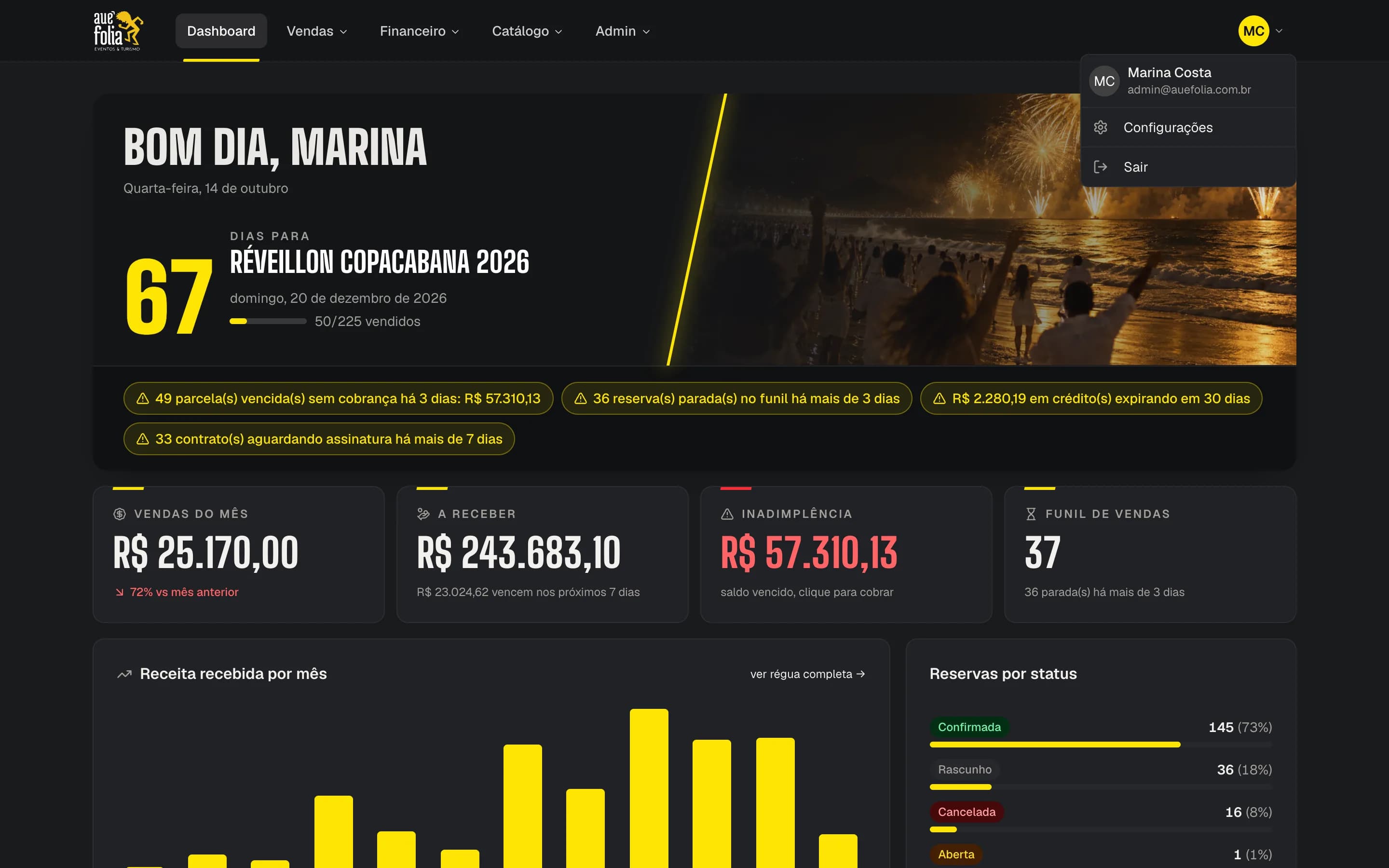 Menu do avatar com configurações e sair