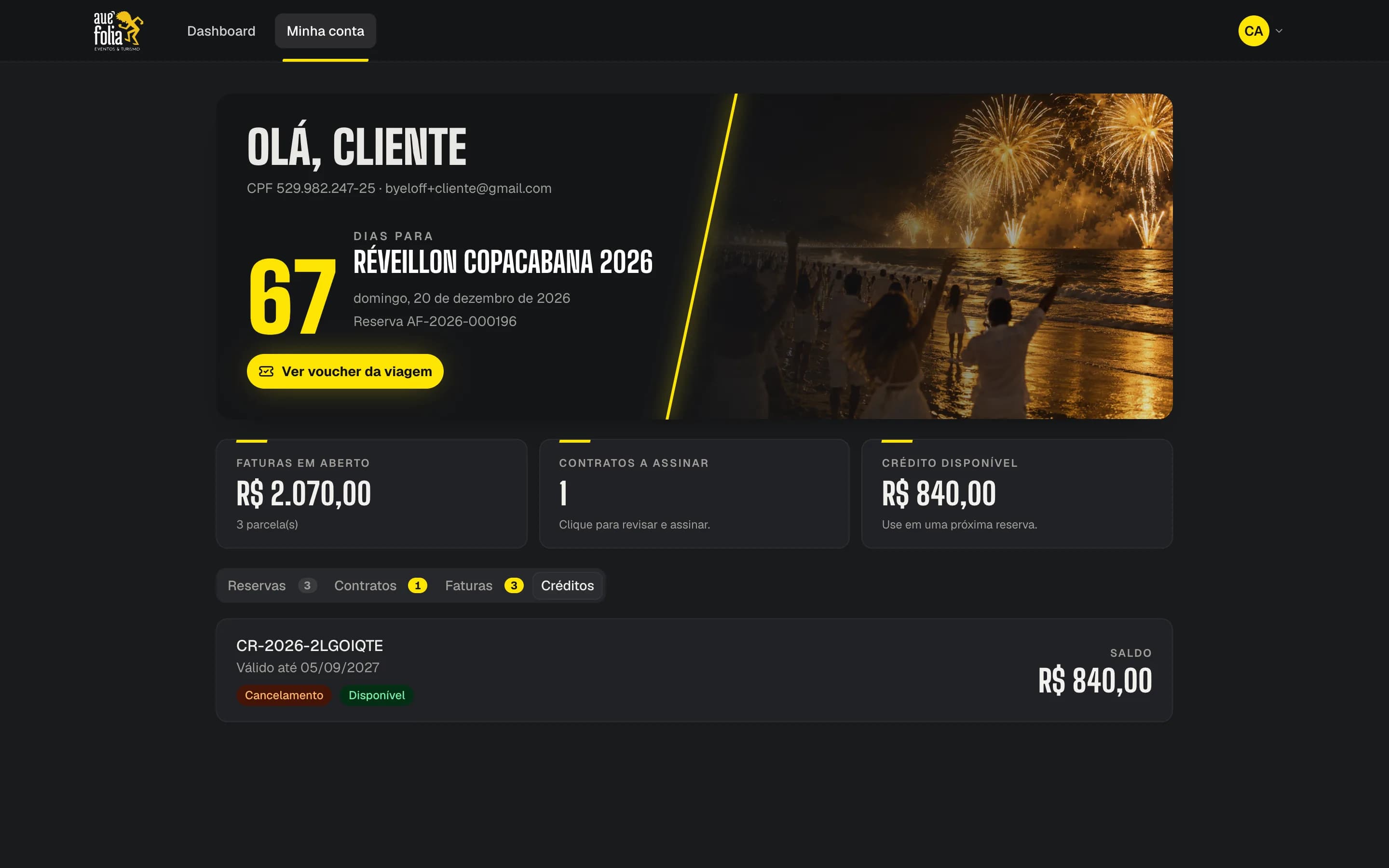 Aba Créditos da área do cliente