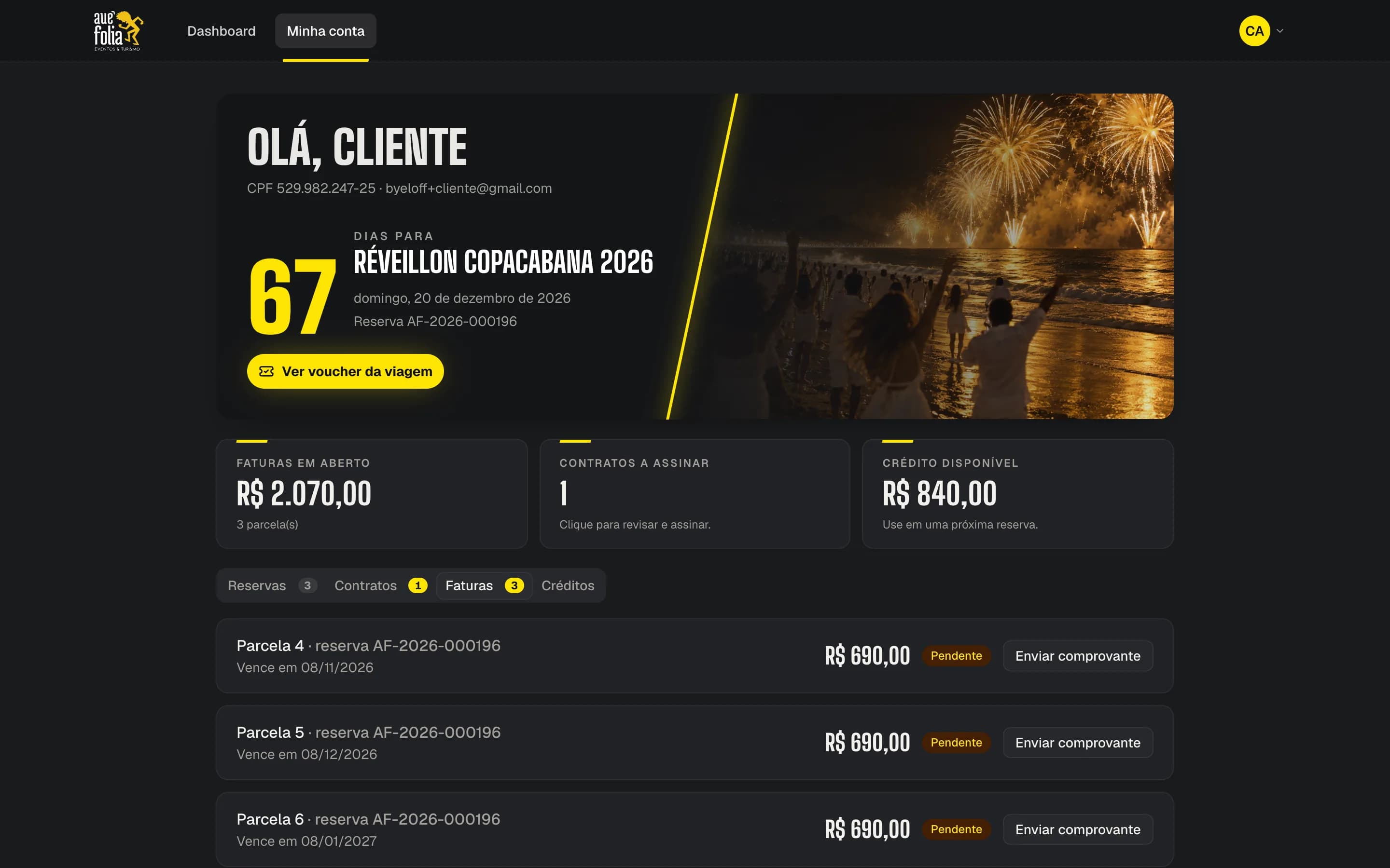 Aba Faturas da área do cliente