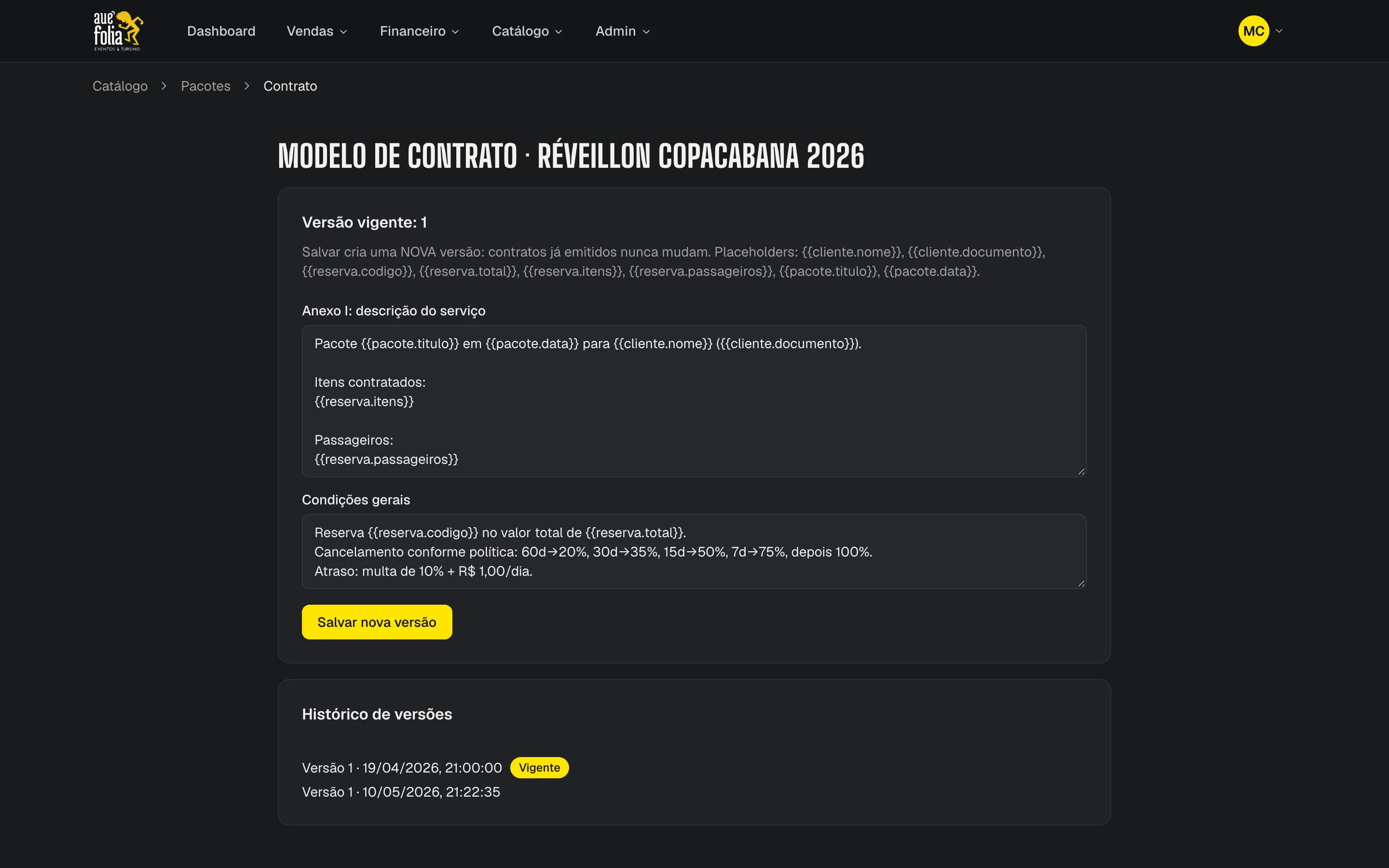 Tela do modelo de contrato com o histórico de versões