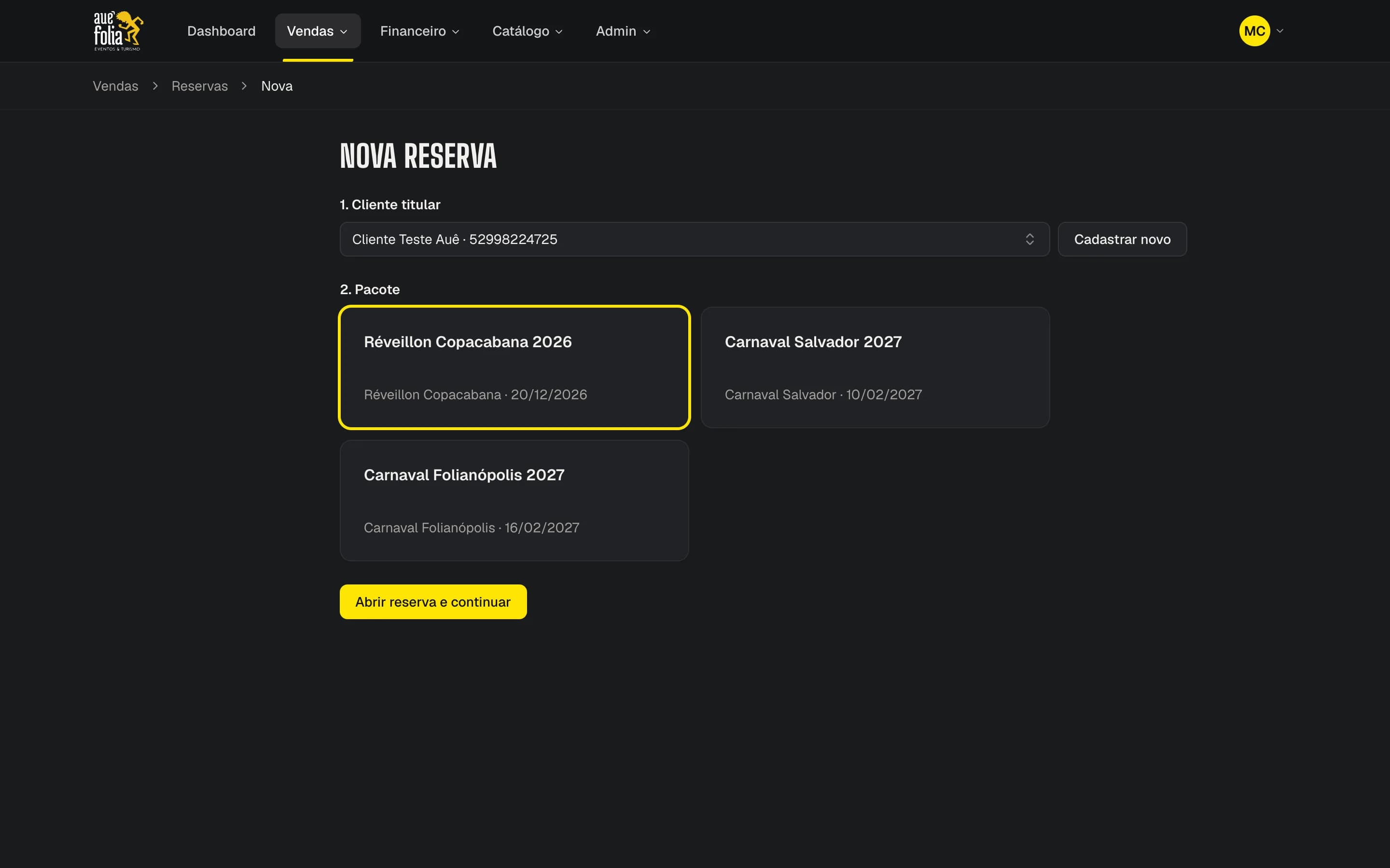 Nova reserva com o titular e o pacote escolhidos