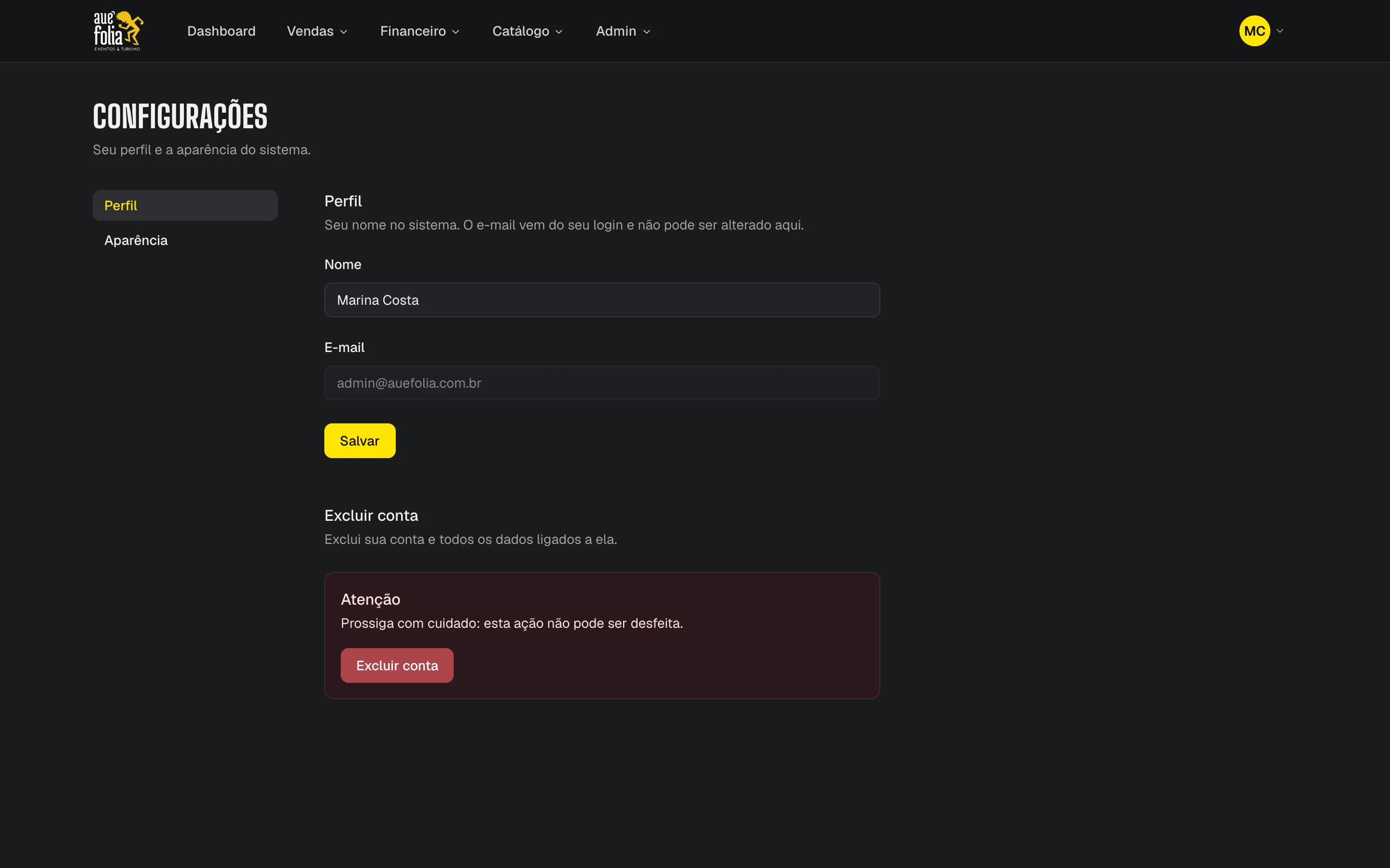Configurações, aba Perfil
