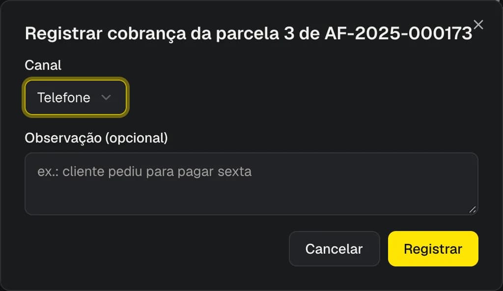 Registrar cobrança de uma parcela