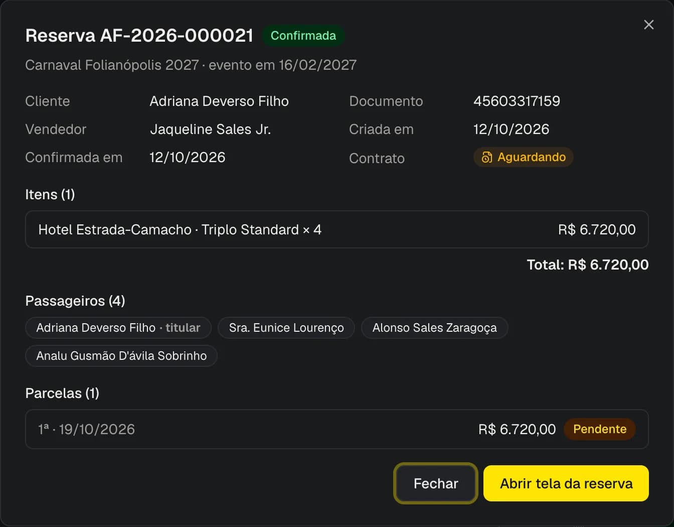 Resumo de uma reserva confirmada