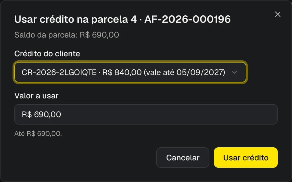 Diálogo de uso de crédito na parcela