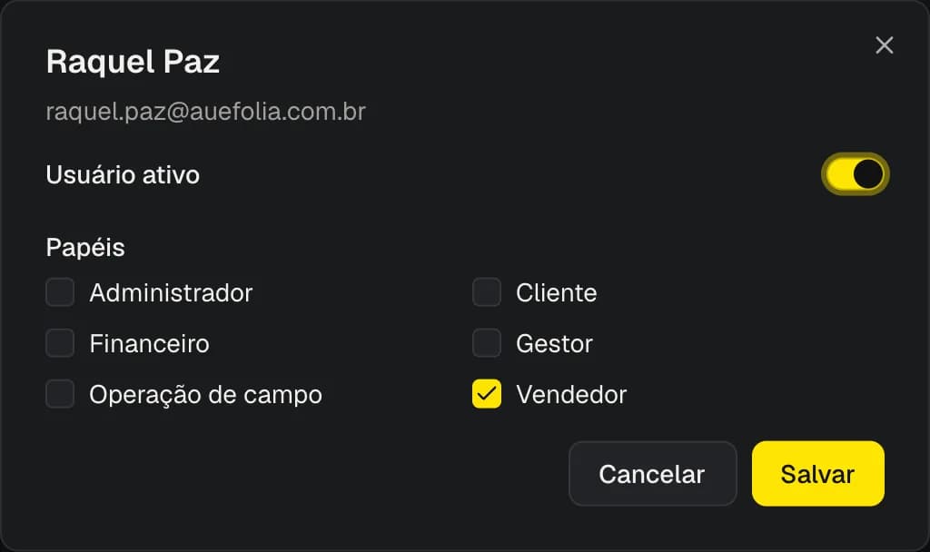 Diálogo de edição de um usuário