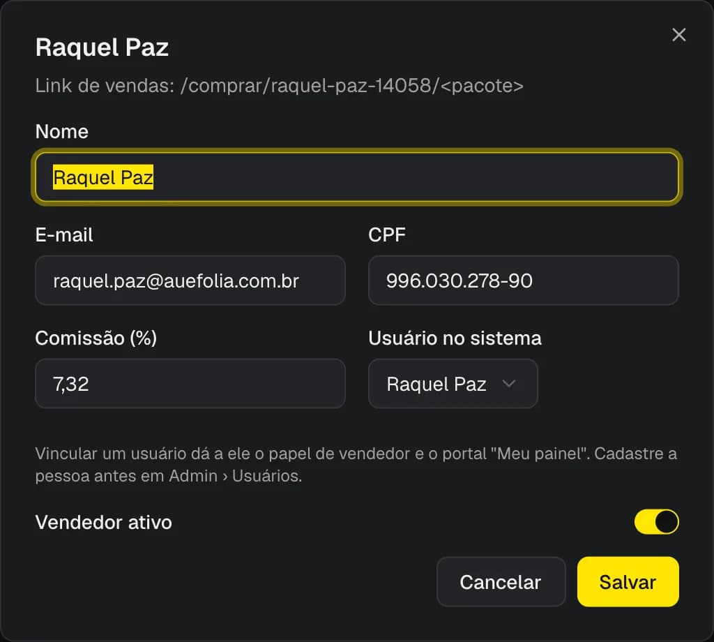 Diálogo de edição de um vendedor