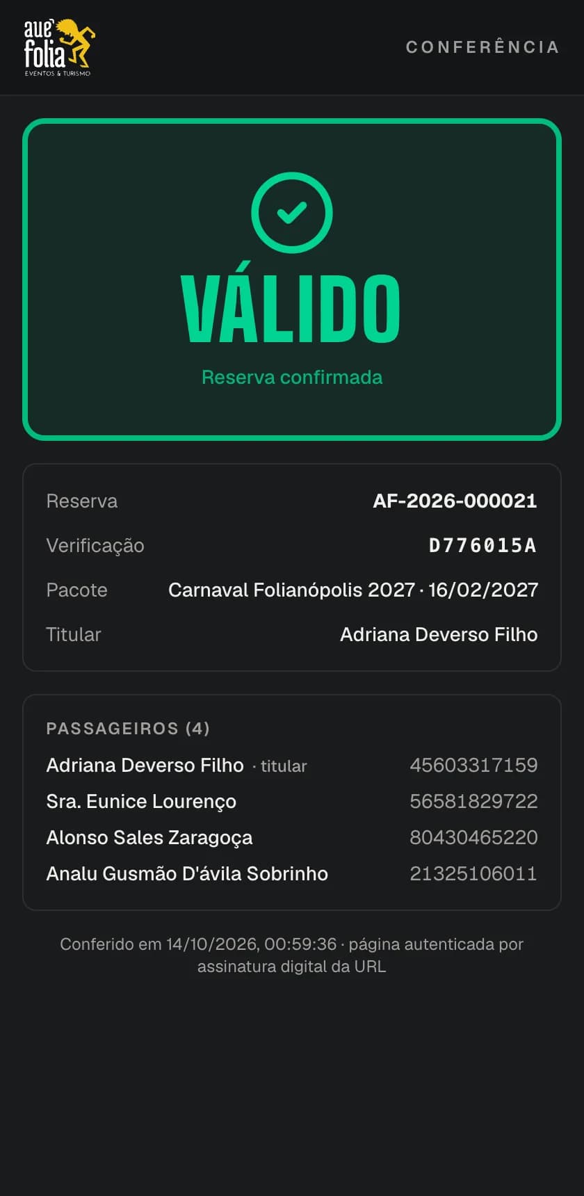 Página de conferência do voucher no celular