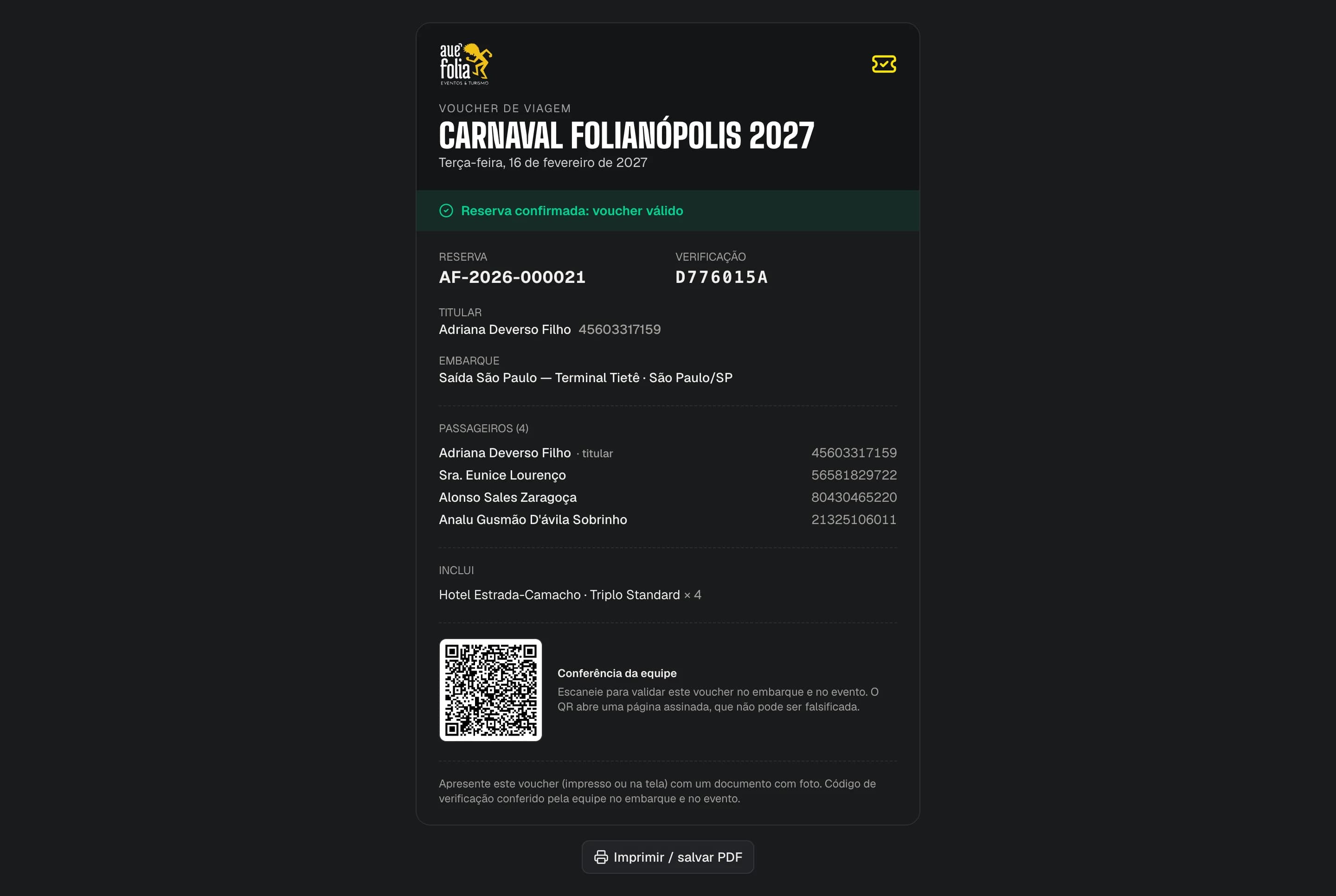 Voucher de viagem com QR code