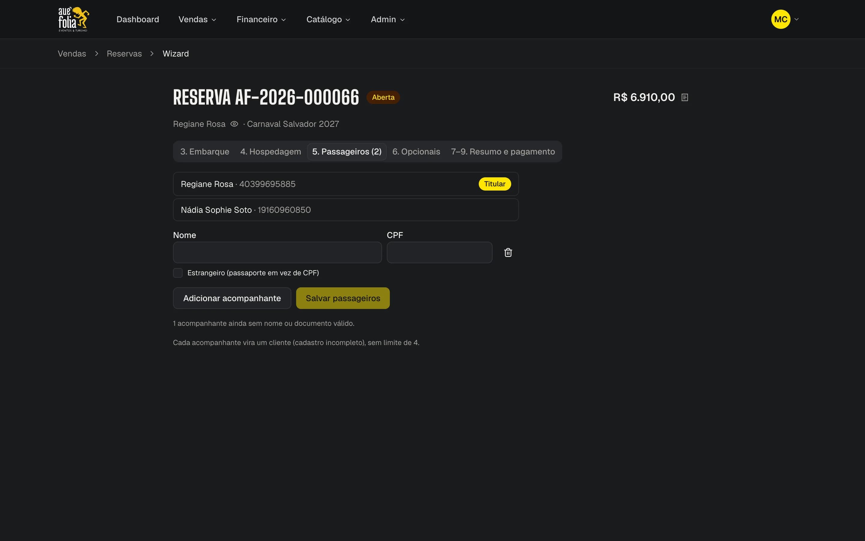 Passo 5, adicionando um acompanhante