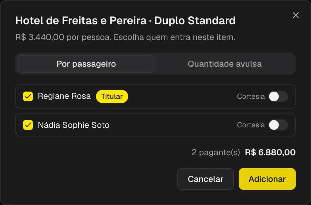Diálogo de adicionar item, por passageiro, com cortesia
