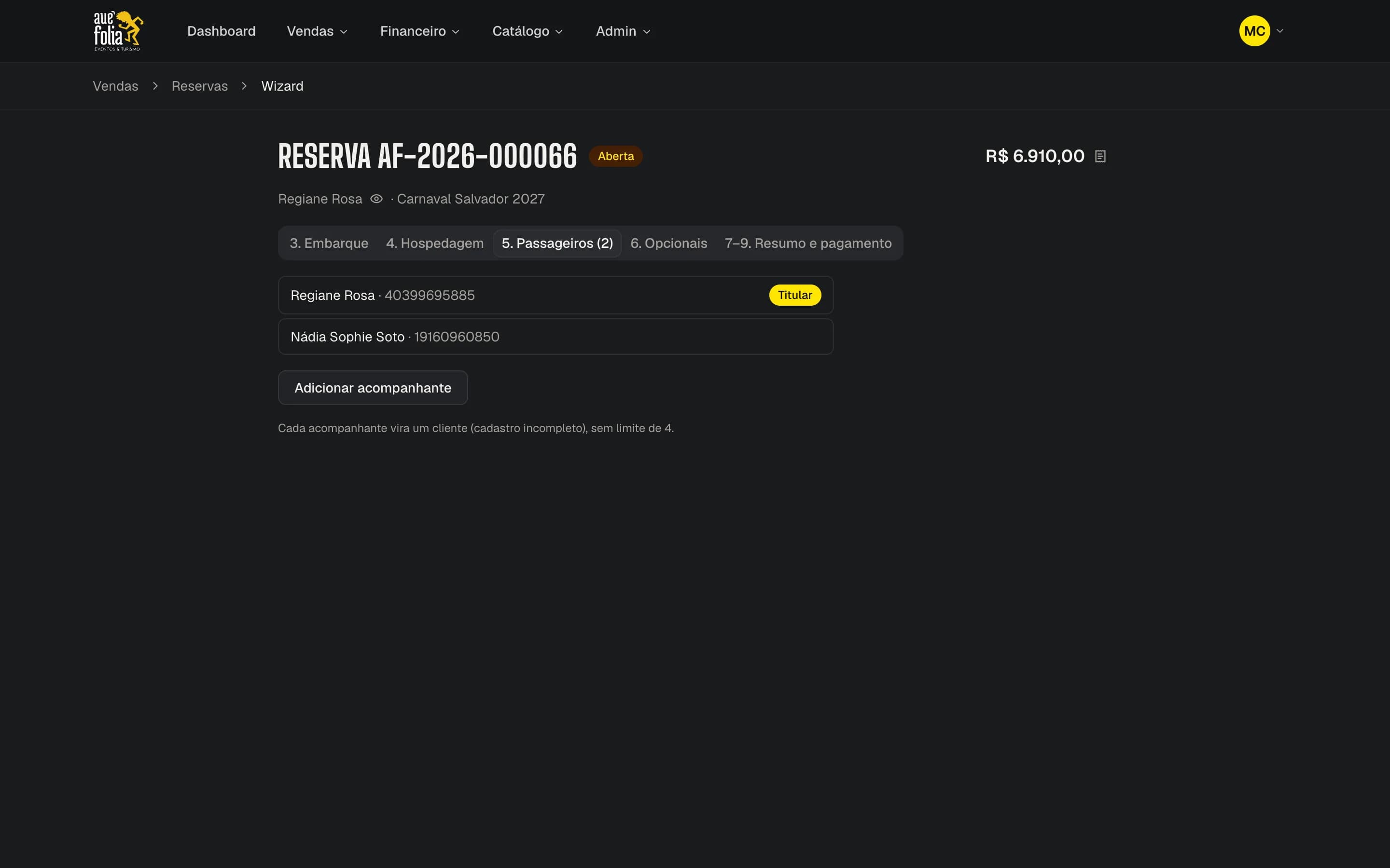 Passo 5, lista de passageiros