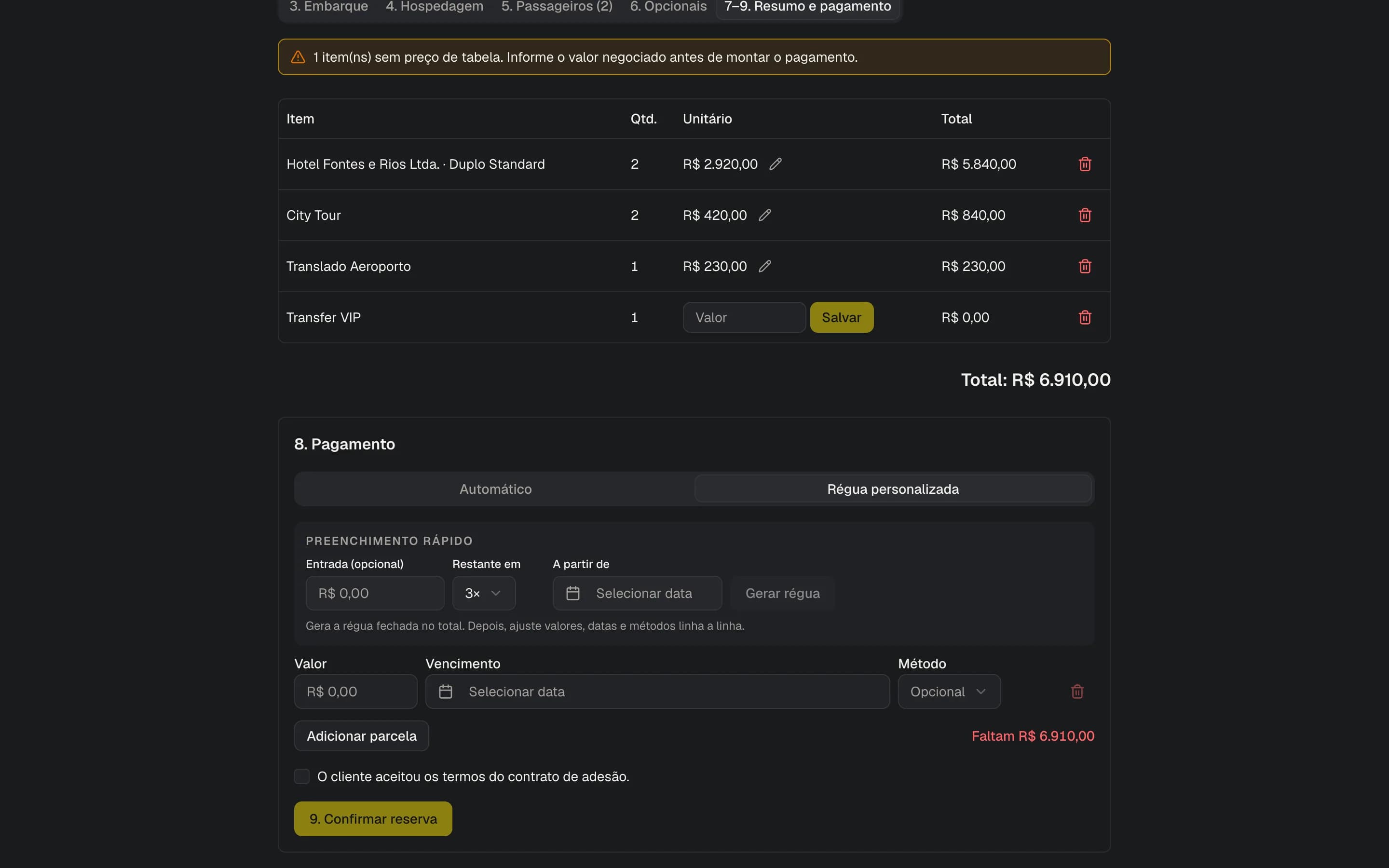 Régua personalizada de pagamento