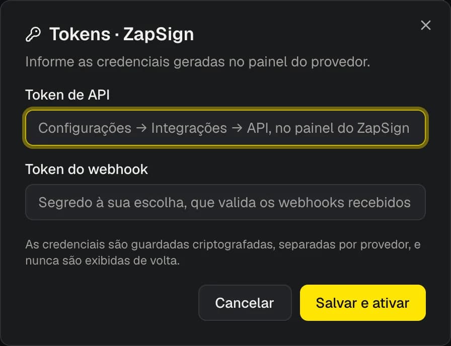 Diálogo de tokens da ZapSign
