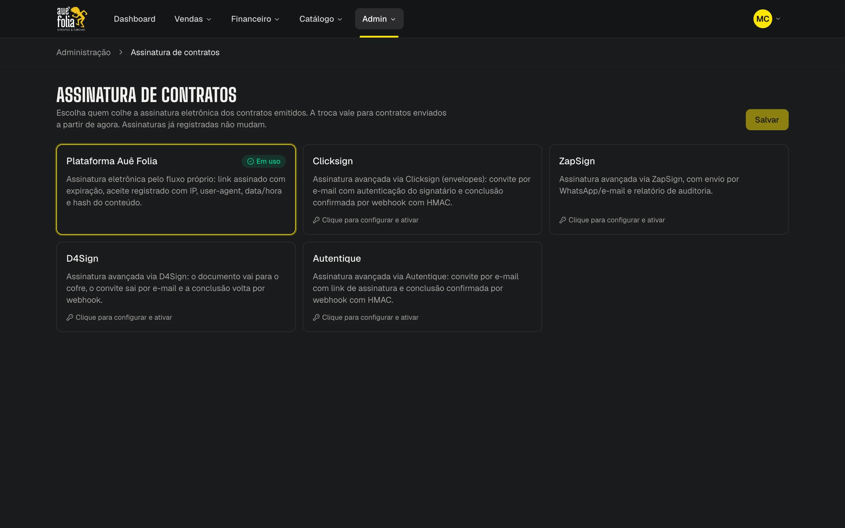 Tela de assinatura de contratos com os provedores
