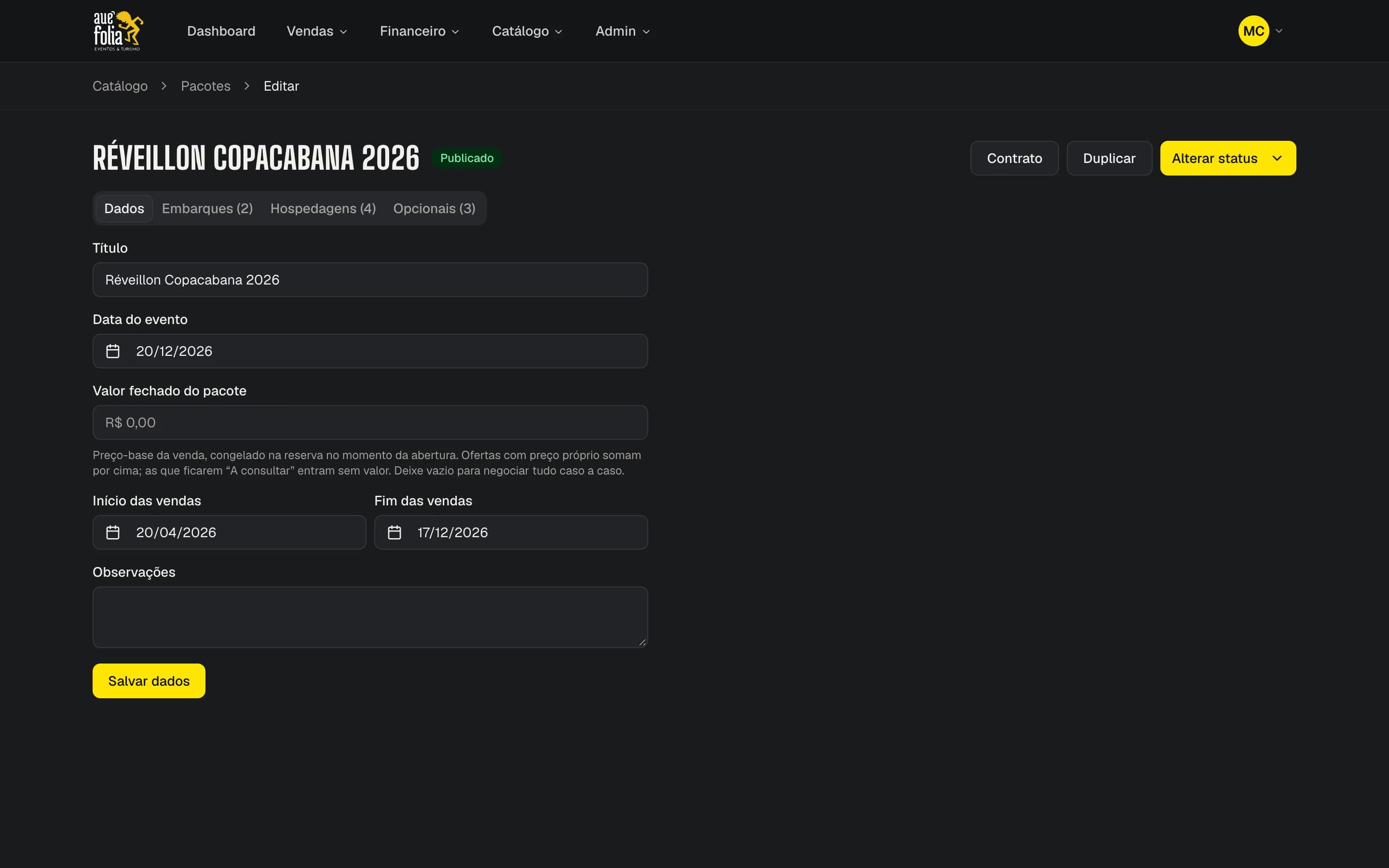 Aba Dados do pacote