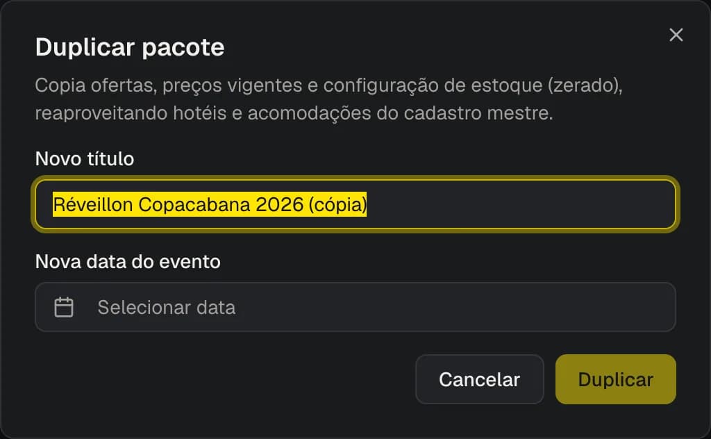 Diálogo de duplicar pacote