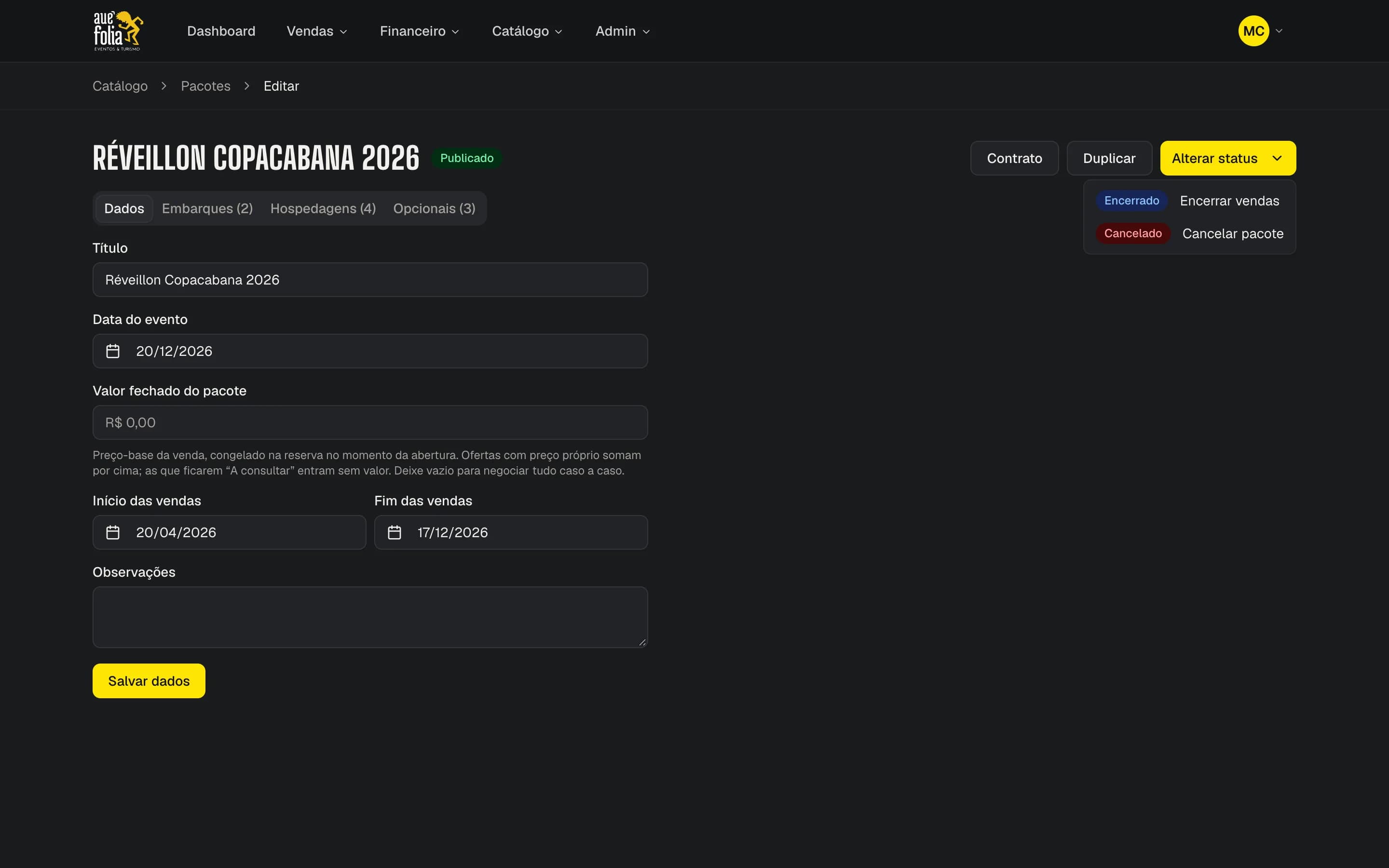 Menu Alterar status de um pacote publicado